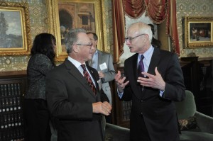 Fox School Dean M. Moshe Porat chats with Porter before his Union League presentation, which followed an address to Fox MBA students in Alter Hall on March 11.