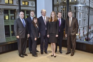Fox School Assistant Professor of Finance Cynthia Axelrod, third from left, meets with Temple University alumni who served as members of the Temple Wall Street Day panel. (Credit: Jim Roese)