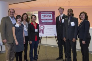 Innovation and Entrepreneurship Institute Managing Director Rob McNamee (far left) and Executive Director Ellen Weber (far right), with the Innovative Idea Competition finalists Bethany Edwards, Cecilia Scimia, Yasmine Mustafa, Bradley Blosser and Sean Webster.