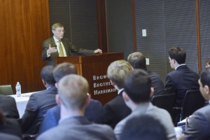 Douglas Maine, an alumnus of Temple University’s School of Media and Communications and a limited partner with investment banking firm Brown Brothers Harriman, addresses Fox School students at the second annual Temple Wall Street Day. (Credit: Jim Roese)