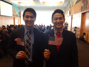 Twin brothers and Fox School students  Jinho “Jace” Park, left, and   Jinyoung “Gabe” Park were sworn in as United States citizens during a   Feb. 4 naturalization ceremony at Alter Hall.