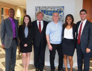 Fox School of Business alumnus Cosmo DeNicola, fourth from left, financed scholarships to the Leigh Steinberg Sports Agent Academy for four students from the School of Tourism and Hospitality Management. From left, STHM students JaCarl Smith and Kristen Kemnitzer, Steinberg, DeNicola, and STHM students Erin Johnson and Matthew Swiren.