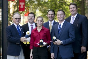 Fox School of Business students Maria Blaszczyk and Elliot Astor (front) received Elevate 2015 Aflac Intern scholarships from the insurance company. Congratulating them are, back row from left: Fox School Dean M. Moshe Porat; Aflac District Coordinator Matthew O’Hanlon; Aflac Market Director Matthew Berger; and Aflac Regional Coordinator Eric MacDougall. (Ryan S. Brandenberg/Temple University Photography)