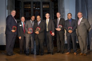 Faculty, staff, students, and alumni recipients of 2015 Musser Awards for Excellence in Leadership gather on stage.