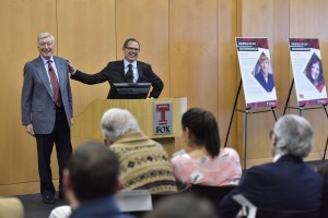 Paul Silberberg, right, an adjunct faculty member of the Fox School of Business, introduces Bernie Marcus, co-founder and former CEO of The Home Depot, before Marcus’ Feb. 9 lecture at Alter Hall. Photo credit Jim Roese Photography.