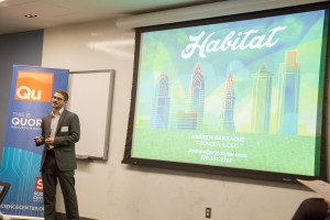 Recent Fox School graduate Andrew Nakkache pitches his company, Habitat, at College Pitch Philly. (Brian Green, Campus Philly)