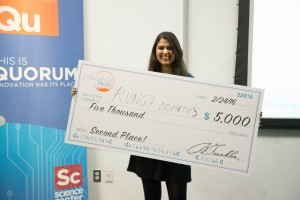 Fox School undergraduate Neha Raman wins second place at College Pitch Philly for her company, Rungh, a create-your-own nail polish system. (Brian Green, Campus Philly)