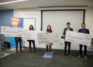 Fox School alumnus Andrew Nakkache, far left, and undergraduate student Neha Raman, second from left, won first and second place, respectively, at College Pitch Philly. (Brian Green, Campus Philly)