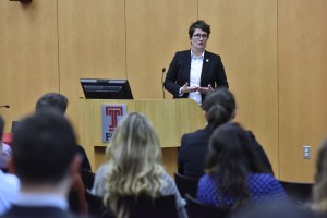 Helen Fitzpatrick, director of the City of Philadelphia’s LGBT Affairs Office, delivers her keynote address at the Fox School’s “Bridging the Gap: LGBTQIA in Business” event. (Jim Roese Photography)