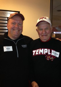 George Krauter, FOX ’57, who earned a BS in Business Administration, attended a recent Temple men’s basketball game against Tulsa with son Ken, EDU ’89.