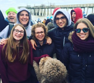 Michael Goldberg, FOX ’86, second from left, who earned a BBA in Accounting from the Fox School of Business, participated in the Polar Bear Plunge on New Year’s Day 2016. He and daughter Samantha, far left, who recently completed the eighth grade at Cedarbrook Middle School in Cheltenham, Pa., took the plunge. Wife Sandra, CPH ’87; son David, CPH ’16; daughter Emily, EDU ’15, and Manny, the family dog, did not enter the Atlantic Ocean.