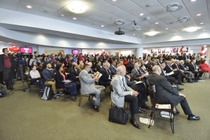 A capacity crowd gathers in the Undergraduate Commons of Alter Hall for the launch of the Fox School’s 100-year celebration. (Jim Roese Photography)
