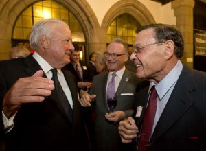 Temple University Board of Trustees chairman Patrick J. O’Connor, left, congratulates William A. Graham, CEO of The Graham Company, during the 2015 Musser Award reception.