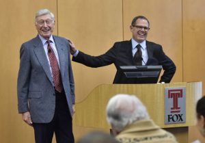 Paul Silberberg, right, an adjunct faculty member of the Fox School of Business, introduces Bernie Marcus, co-founder and former CEO of The Home Depot, before Marcus’ Feb. 9 lecture at Alter Hall. 