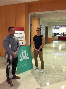 Photo of Jesse DiLaura and Brandon Study, senior Entrepreneurship majors at the Fox School of Business, after delivering their pitches at the “Shark Tank” casting call.
