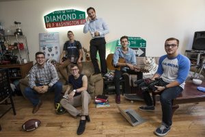 A half-dozen entrepreneurs from Temple University share living and working quarters only a few blocks from campus. They are: Tim Mounsey, FOX ’16; Beau Rosario, TFMA ’14; Brandon Study, FOX ’17; Jesse DiLaura, FOX ’16; Sean Hawkins, SMC ’18; and Justin Swallow, TFMA ’16. (Joseph V. Labolito/Temple University Photography)