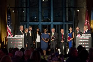 Fox School of Business faculty, staff, and alumni recipients of the 2016 Musser Award gather on the stage. (Ryan S. Brandenberg/Temple University Photography)