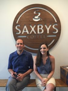 MBA students Ashley Murgatroyd and Ittai Marom visit Saxbys headquarters in Philadelphia to present their research findings on sustainability.