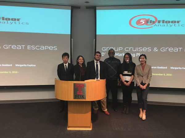 A team of Fox School undergraduate Marketing students worked with Alvin Little, fourth from left, founder of Group Cruises & Great Escapes, to provide digital marketing consultancy in Dr. Susan Mudambi’s Digital Marketing course.
