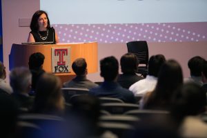 Innovation and Entrepreneurship Institute executive director Ellen Weber addresses attendees during the 2017 Be Your Own Boss Bowl.