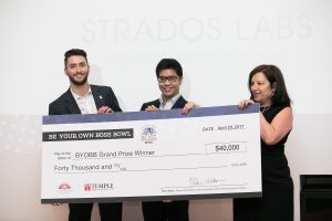 Fox School MBA candidate Nick Delmonico, left, and Dr. Kan Au, co-founders of Strados Labs, receive the Spain Grand Prize check from Ellen Weber, executive director of Temple’s Innovation and Entrepreneurship Institute.