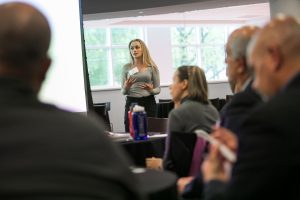 Fox undergrad Eleni Latsios pitches her team's winning idea, "U-View"