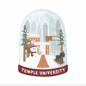 Fox School of Business Snow globe with snowman, Porter the dog, Alter Hall and 1810