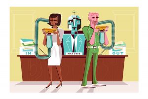 Illustration of robot boss providing information for workers