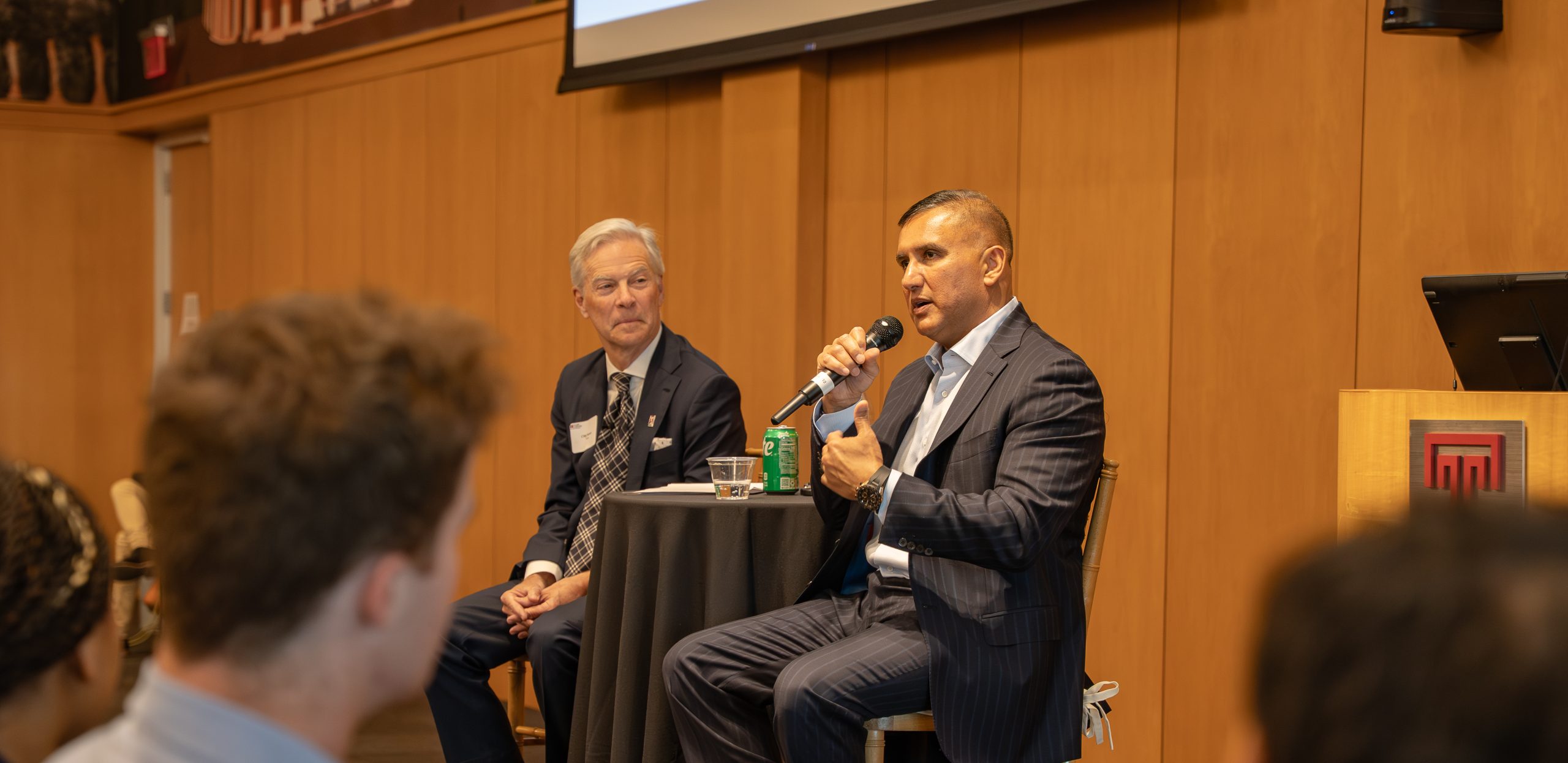 Nauman Shah, MBA ’00, returned to the Fox School on April 23 for a fireside chat event with Dean Chip Hunter.